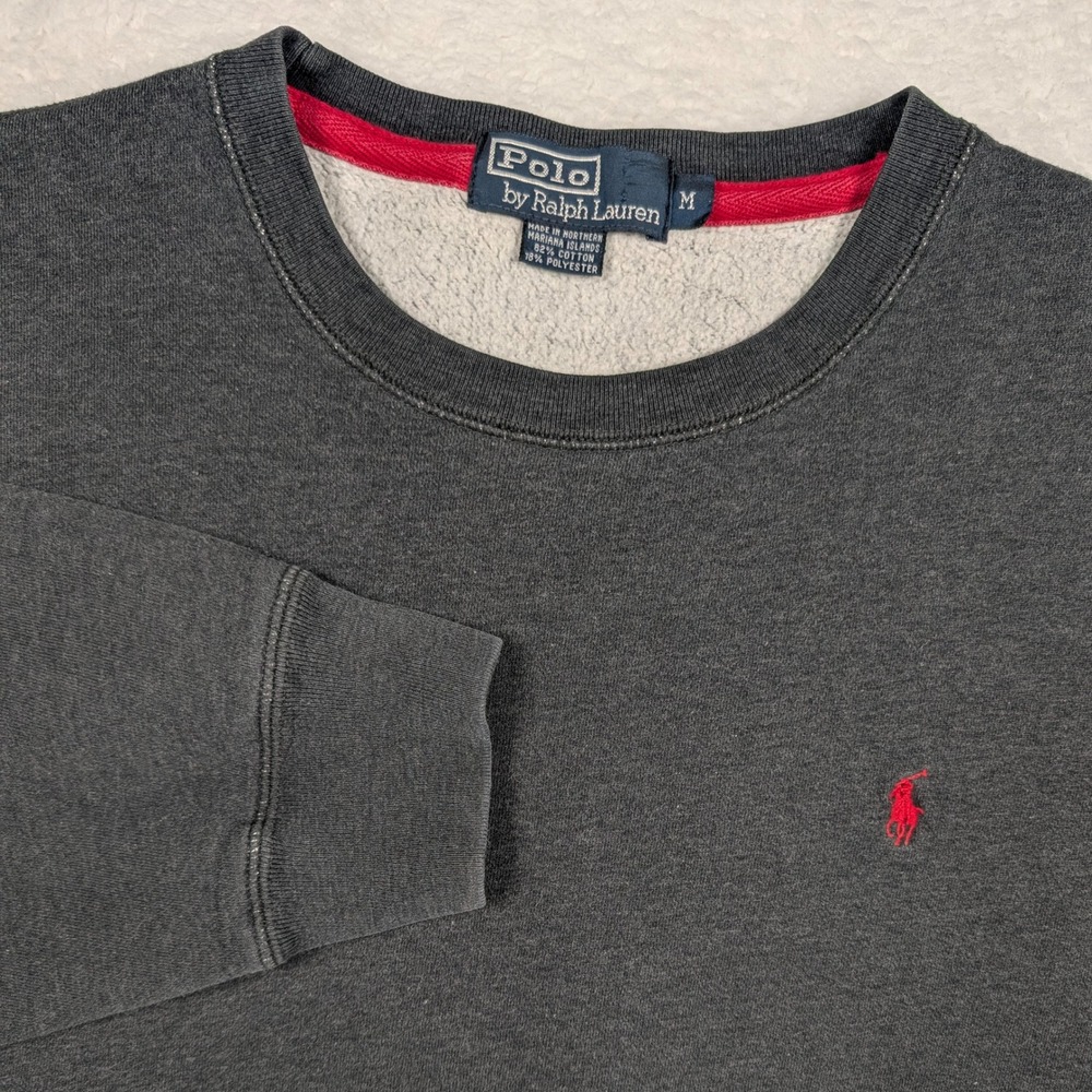 Vintage Polo Ralph Lauren Sweatshirt Mens Medium Grey Fleece Crewneck Red Pony